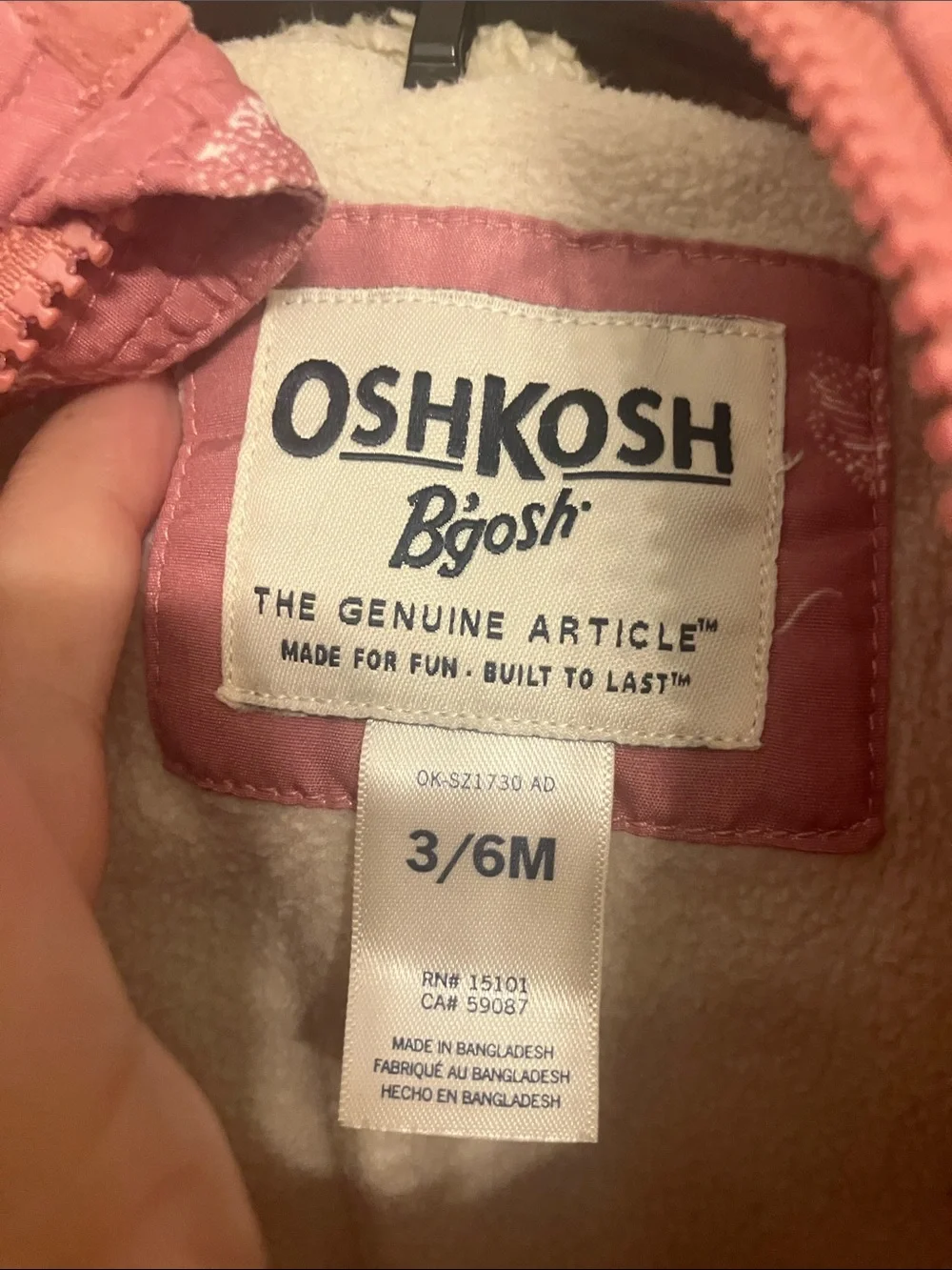OshKosh B'gosh Pink Butterfly Quilted Hooded Snowsuit 3/6M Snow Ski Full Zip